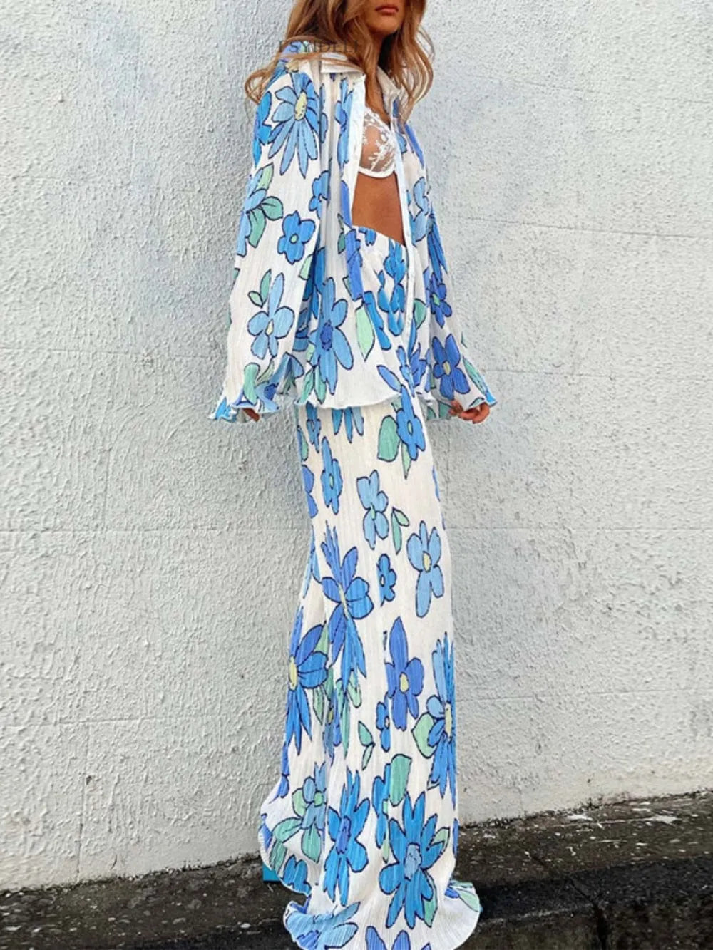 Floral Printed Collared Long Sleeve Top and Pants Set