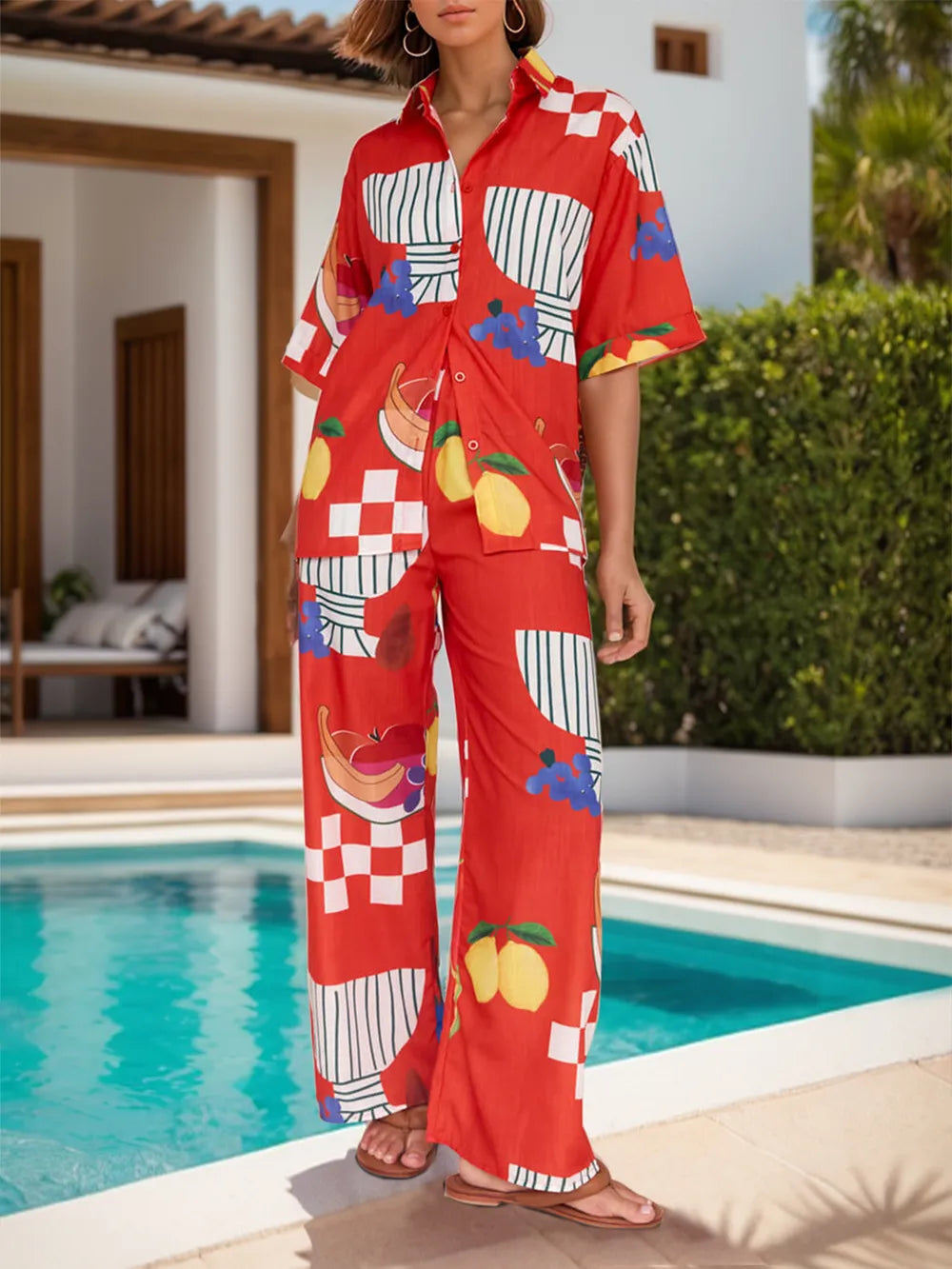 Ensemble haut à épaules tombantes imprimé et pantalon large