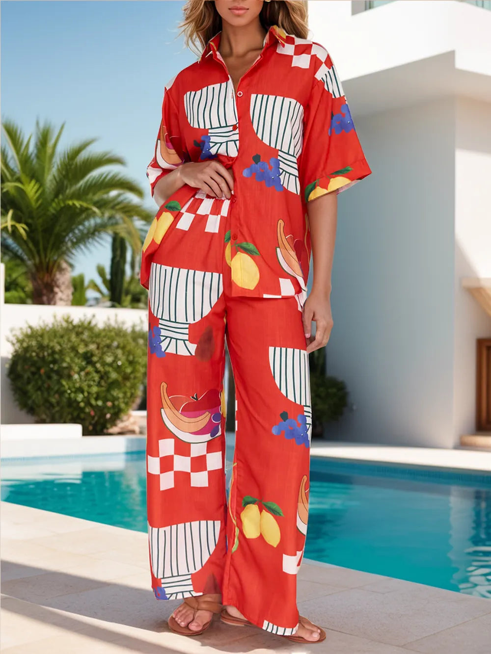 Ensemble haut à épaules tombantes imprimé et pantalon large