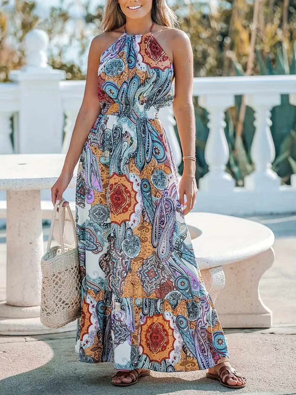 Pastel Blue Printed Halter Neck Maxi Dress