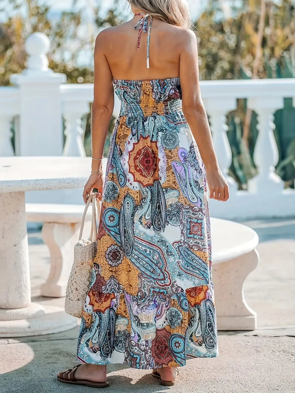 Pastel Blue Printed Halter Neck Maxi Dress