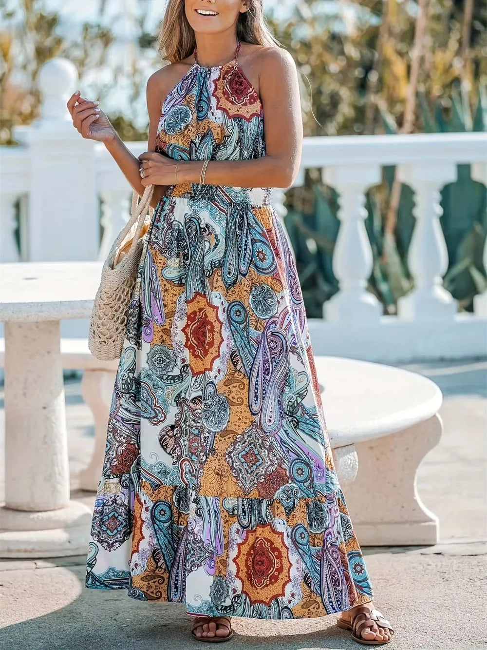 Pastel Blue Printed Halter Neck Maxi Dress