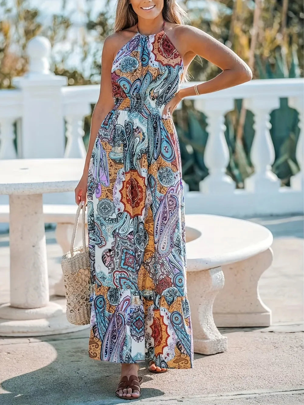 Pastel Blue Printed Halter Neck Maxi Dress