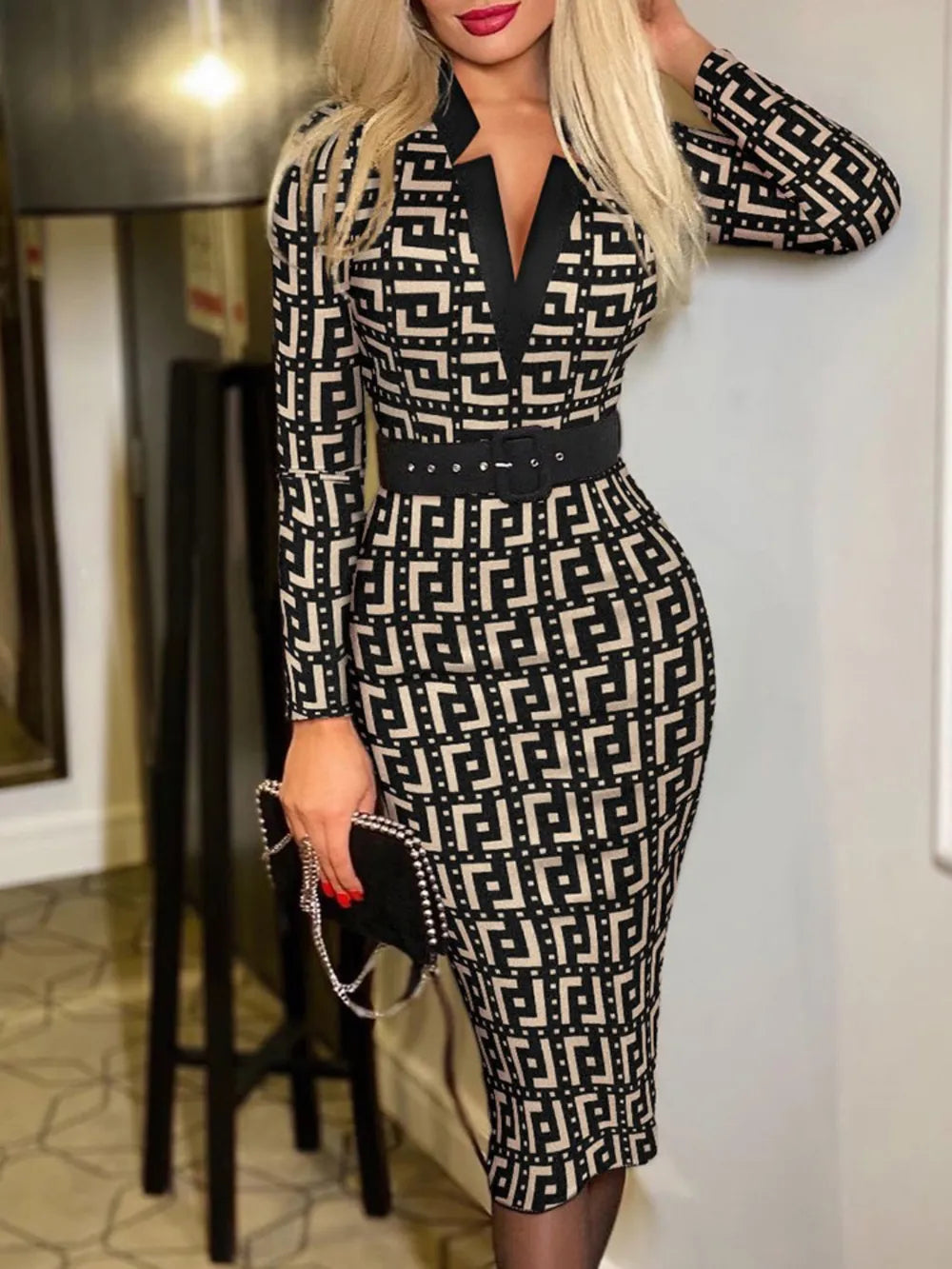 Robe portefeuille à manches longues imprimée