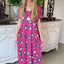 Printed pocket slit V-neck short sleeved long skirt for women - Korvel
