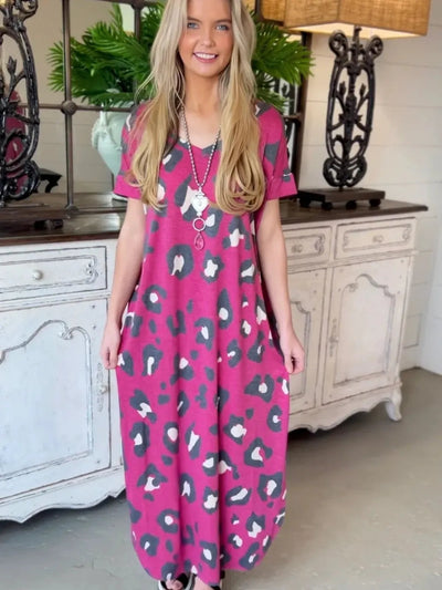 Printed pocket slit V-neck short sleeved long skirt for women - Korvel