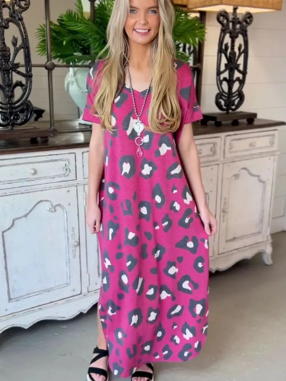 Printed pocket slit V-neck short sleeved long skirt for women - Korvel