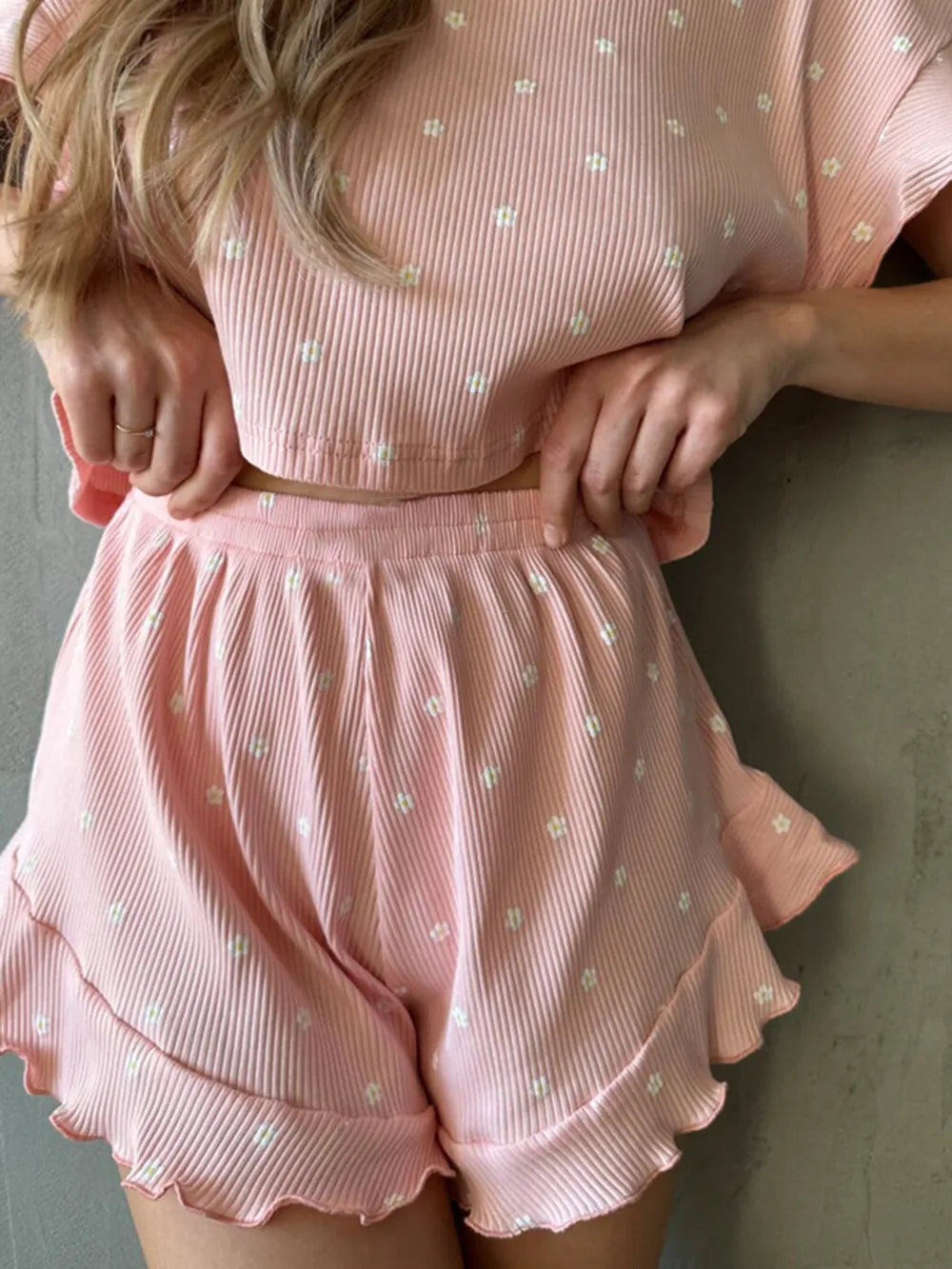 Printed Round Neck Top and Shorts Set - Korvel