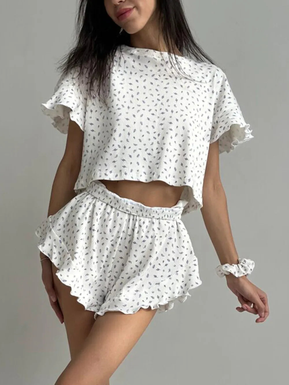 Printed Round Neck Top and Shorts Set - Korvel