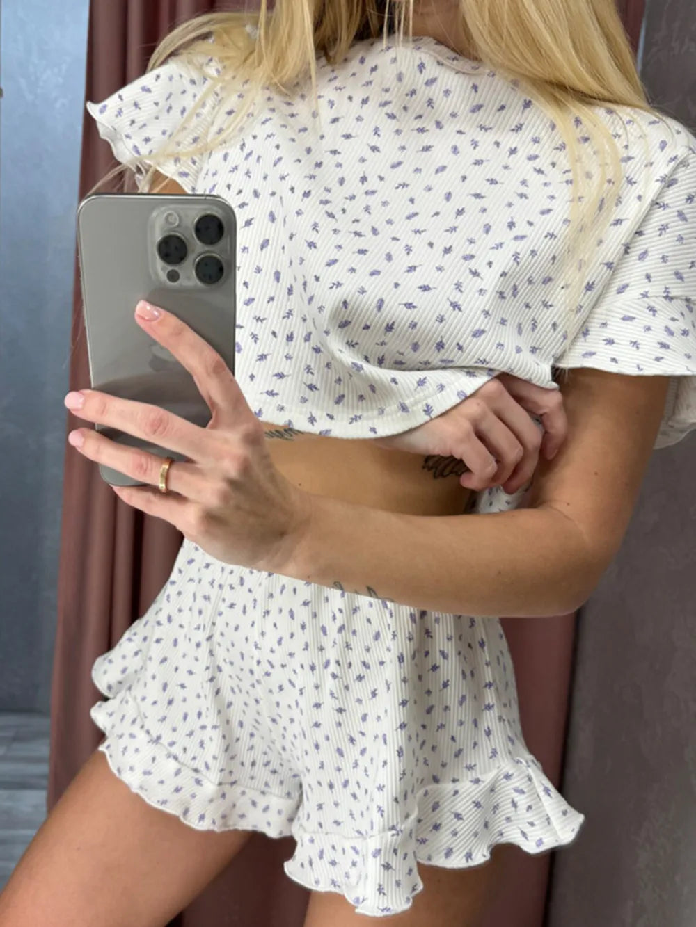 Printed Round Neck Top and Shorts Set - Korvel