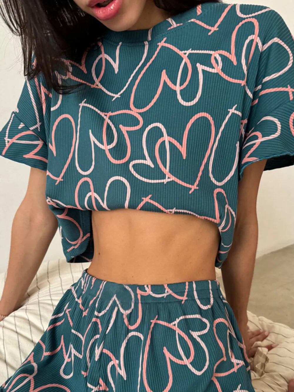 Printed Round Neck Top and Shorts Set - Korvel