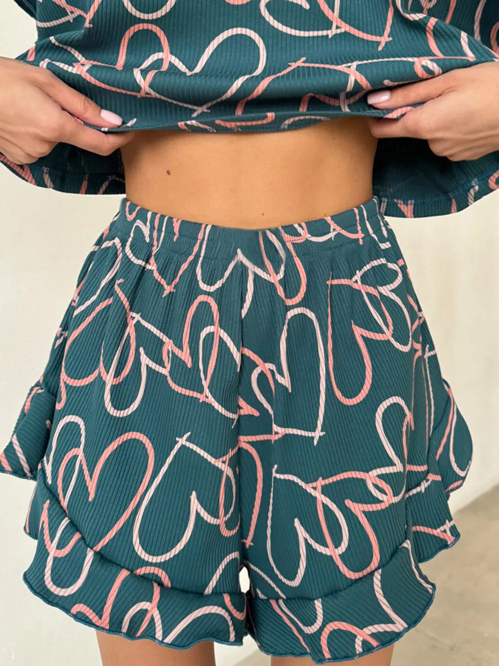 Printed Round Neck Top and Shorts Set - Korvel