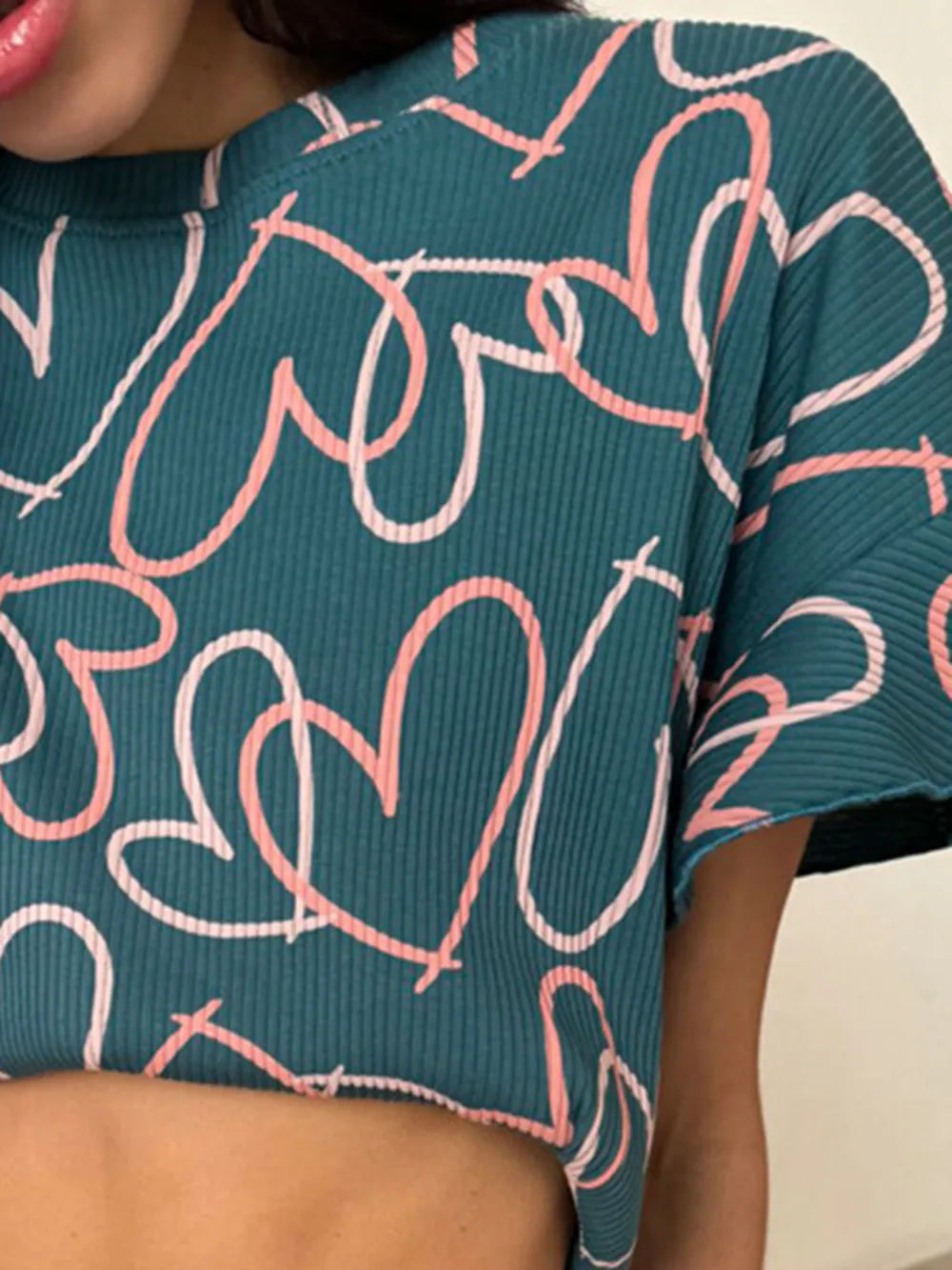 Printed Round Neck Top and Shorts Set - Korvel