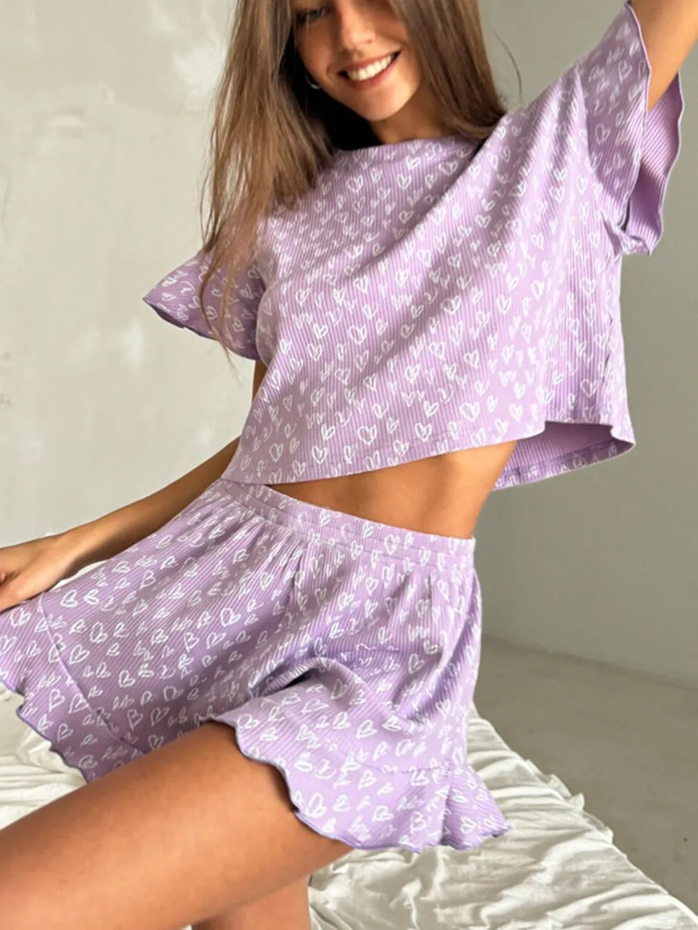Printed Round Neck Top and Shorts Set - Korvel