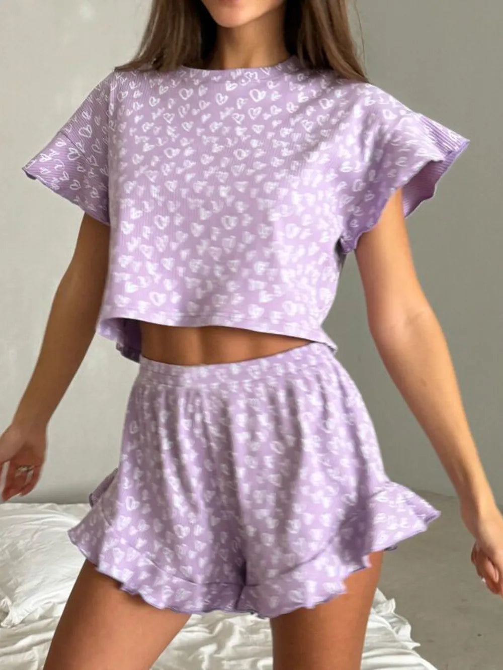 Printed Round Neck Top and Shorts Set - Korvel