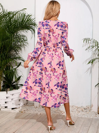 Robe midi à manches longues à encolure croisée imprimée