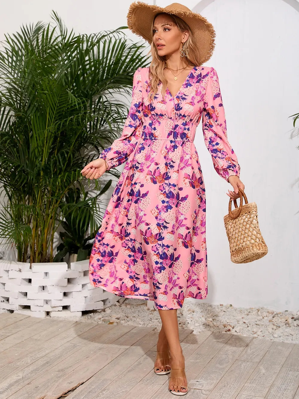 Robe midi à manches longues à encolure croisée imprimée