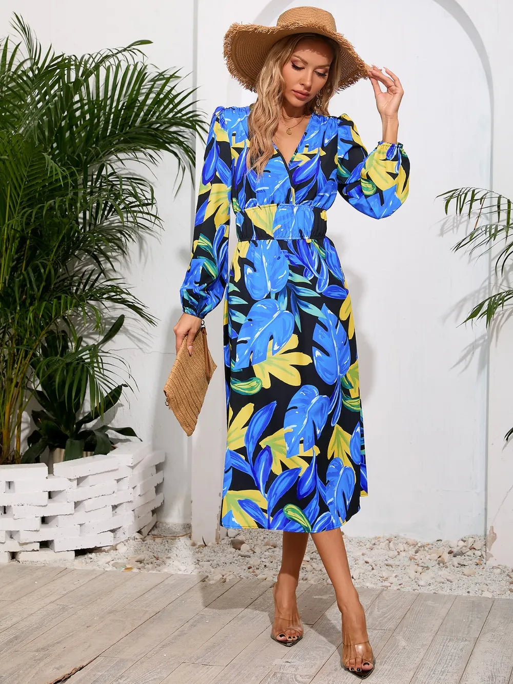 Robe midi à manches longues à encolure croisée imprimée