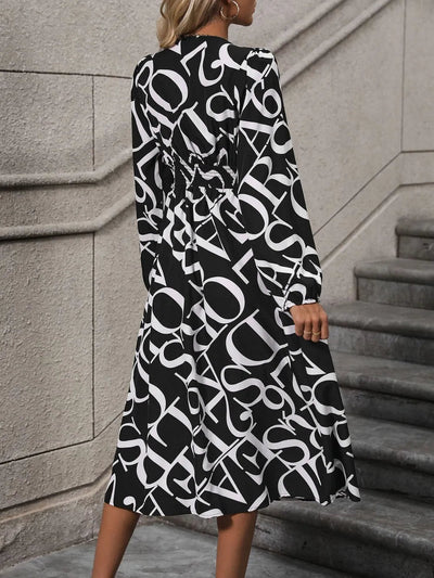 Printed V-Neck Long Sleeve Midi Dress - Korvel