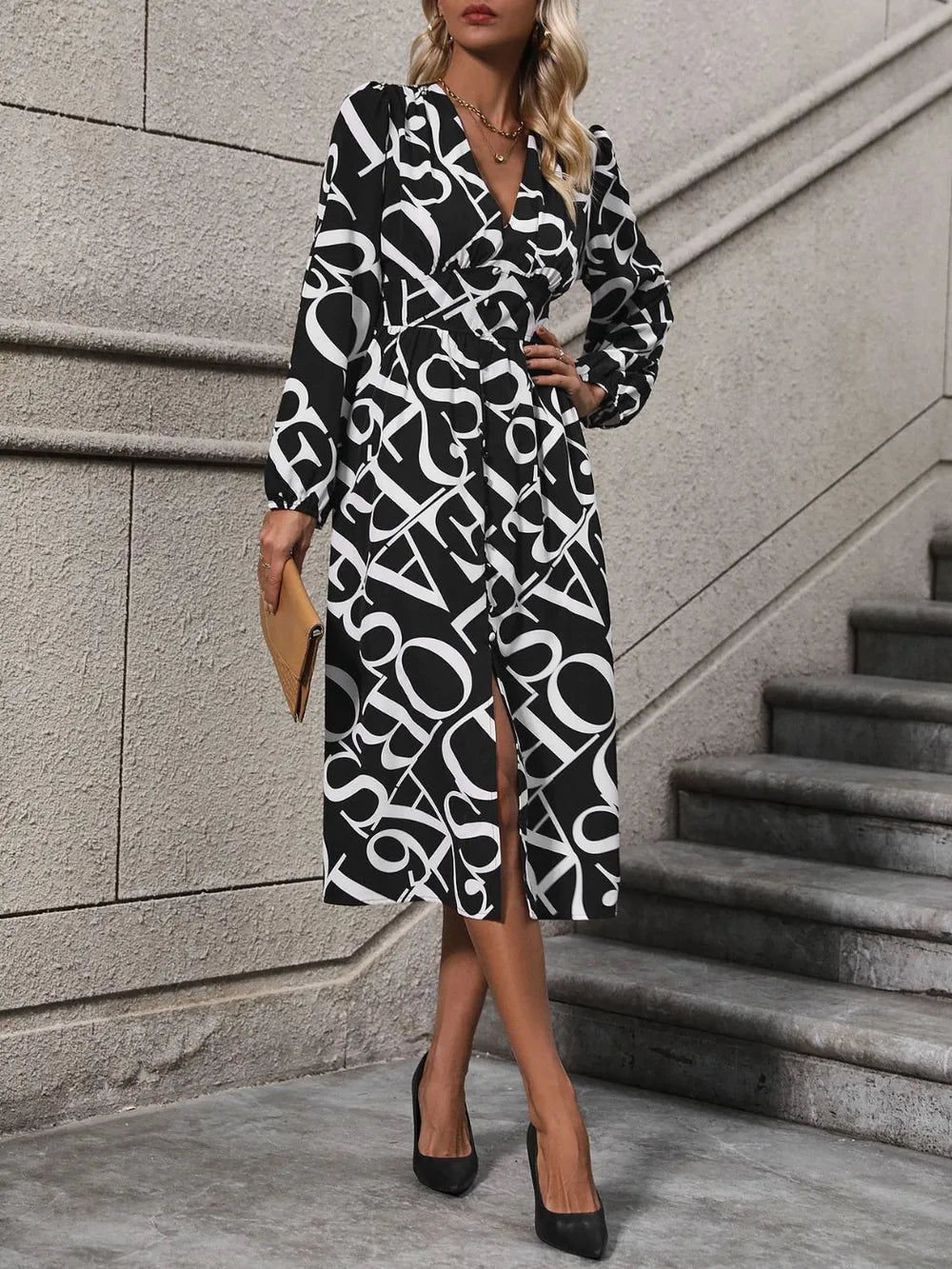 Printed V-Neck Long Sleeve Midi Dress - Korvel