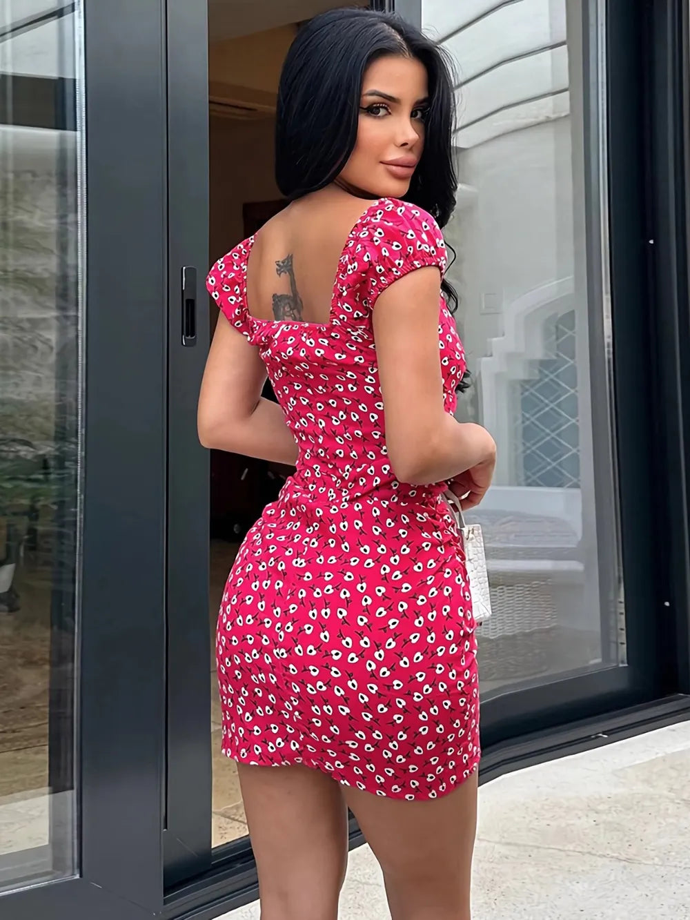 Elegant Printed V-Neck Short Sleeve Mini Dress