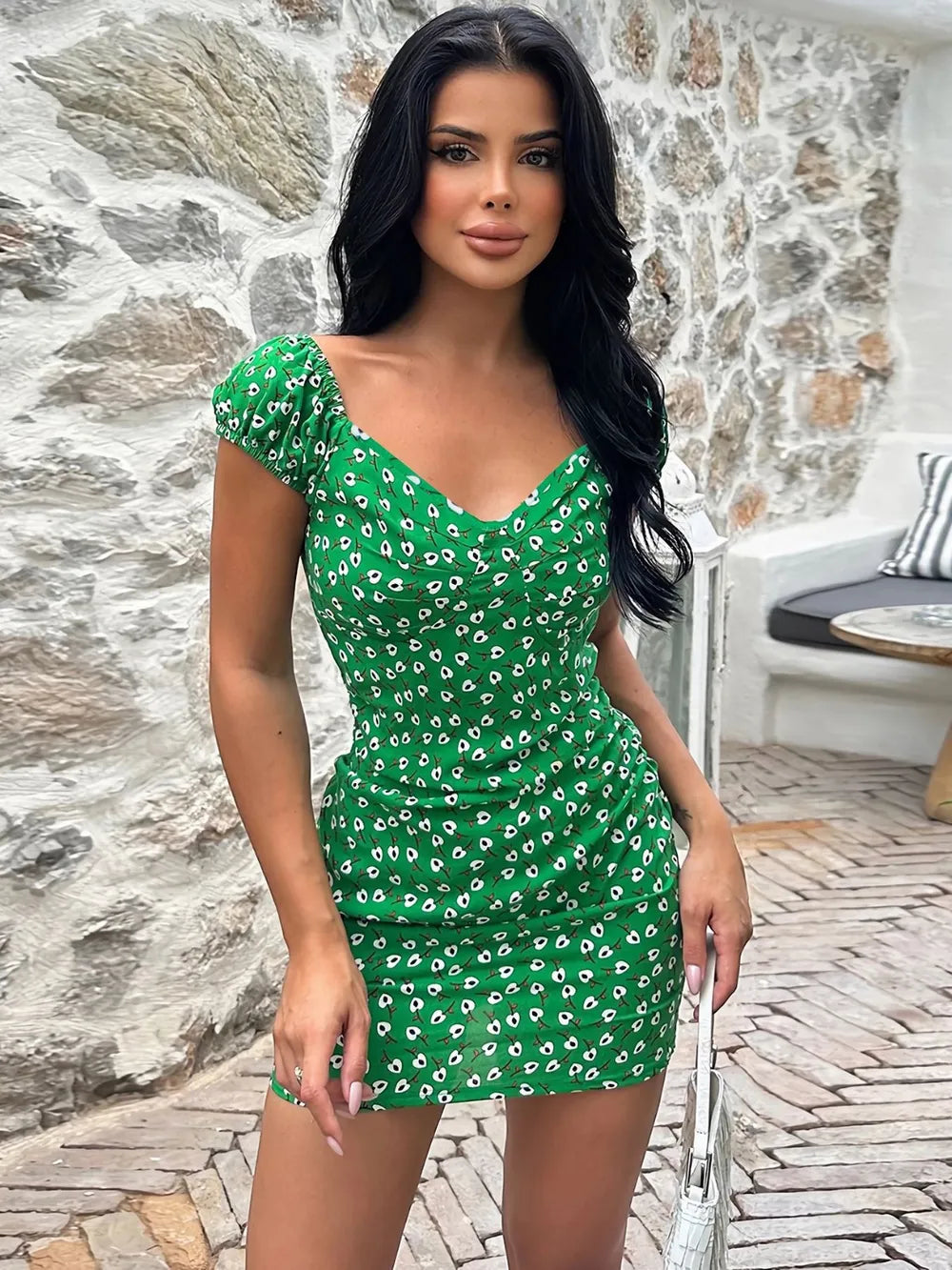 Elegant Printed V-Neck Short Sleeve Mini Dress
