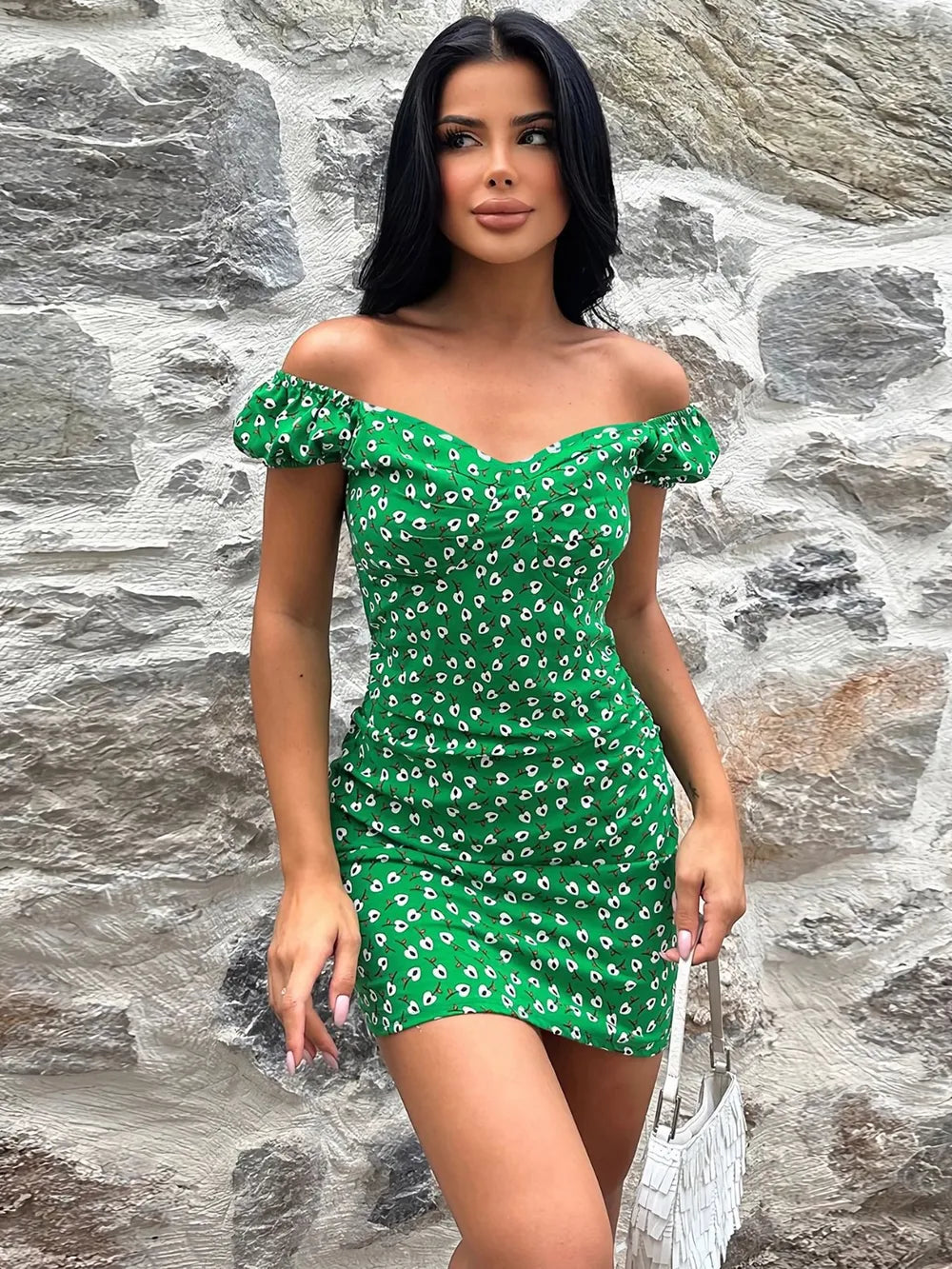 Elegant Printed V-Neck Short Sleeve Mini Dress