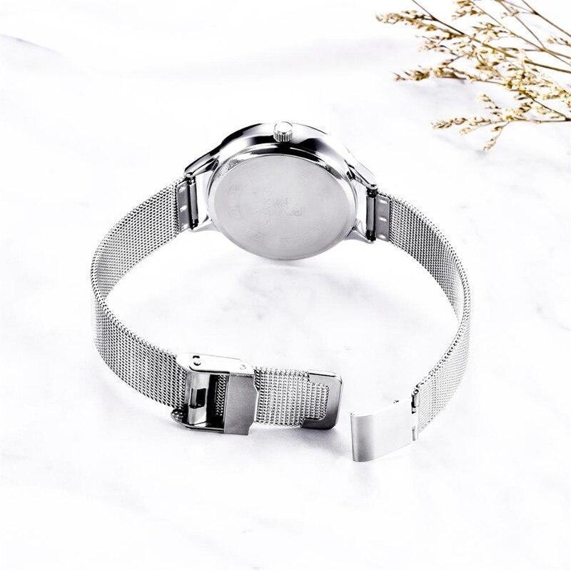 Montre à Quartz Ronde Élégante pour Femme avec Bracelet en Maille en Acier Inoxydable