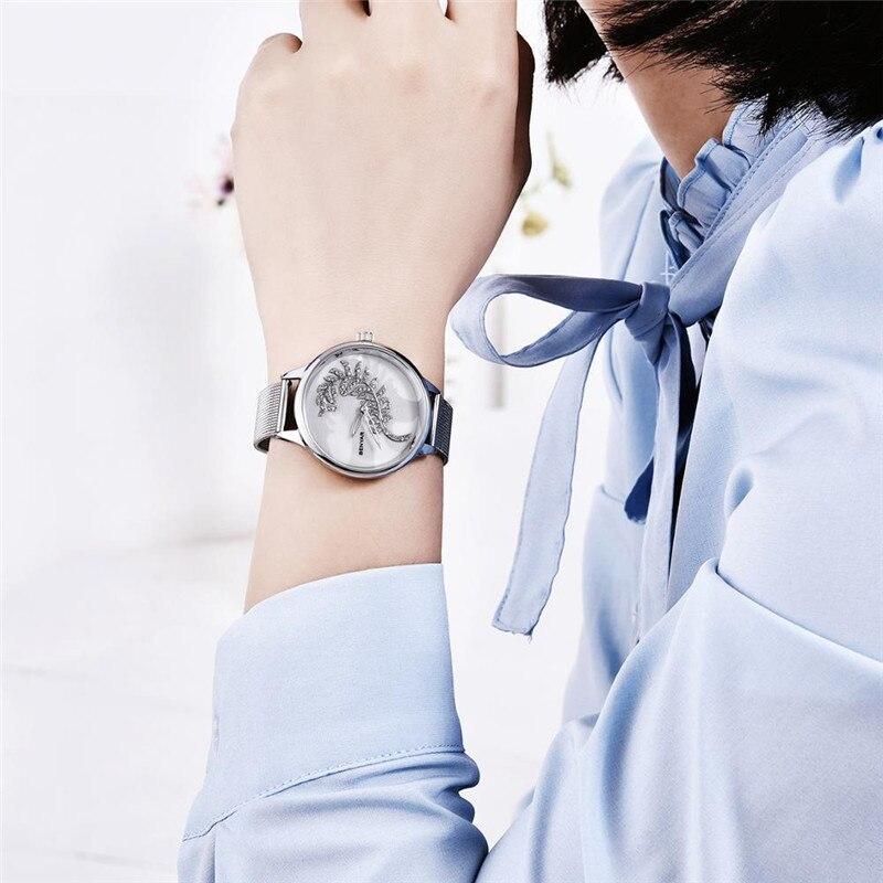 Montre à Quartz Ronde Élégante pour Femme avec Bracelet en Maille en Acier Inoxydable