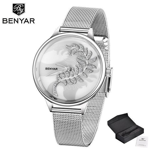 Montre à Quartz Ronde Élégante pour Femme avec Bracelet en Maille en Acier Inoxydable