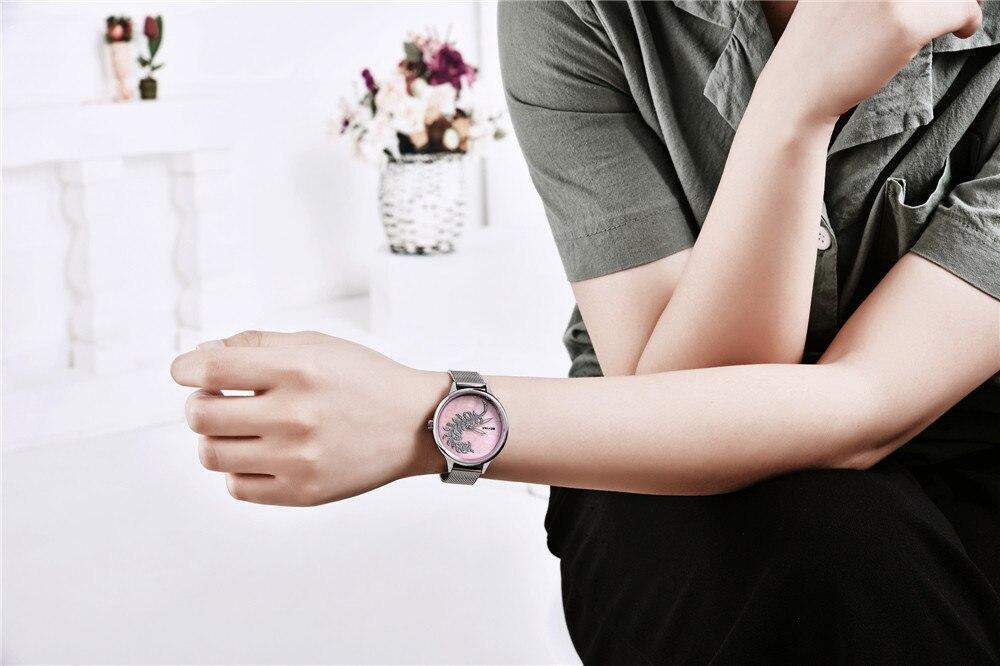 Montre à Quartz Ronde Élégante pour Femme avec Bracelet en Maille en Acier Inoxydable