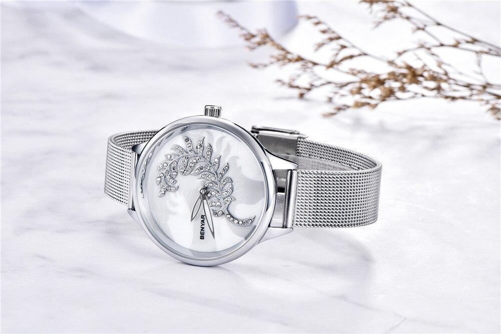 Montre à Quartz Ronde Élégante pour Femme avec Bracelet en Maille en Acier Inoxydable