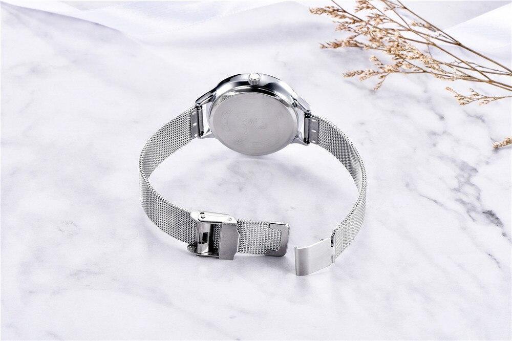 Montre à Quartz Ronde Élégante pour Femme avec Bracelet en Maille en Acier Inoxydable