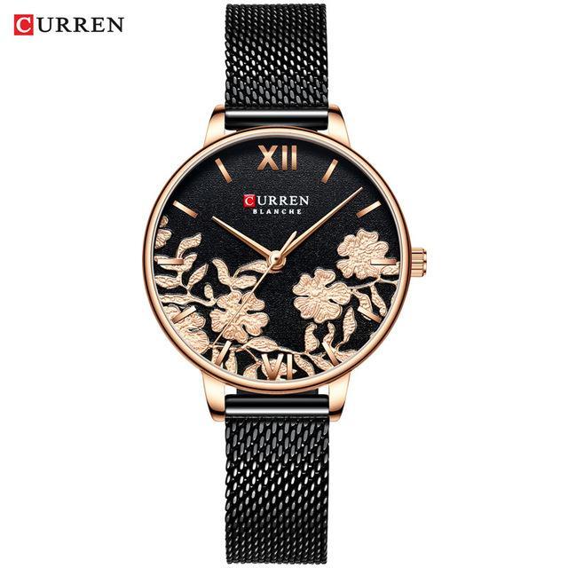 Montre élégante pour femmes étanche avec design de fleurs en découpage
