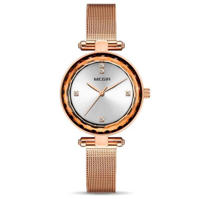 Montre analogique élégante en or rose pour femme avec bracelet en acier inoxydable