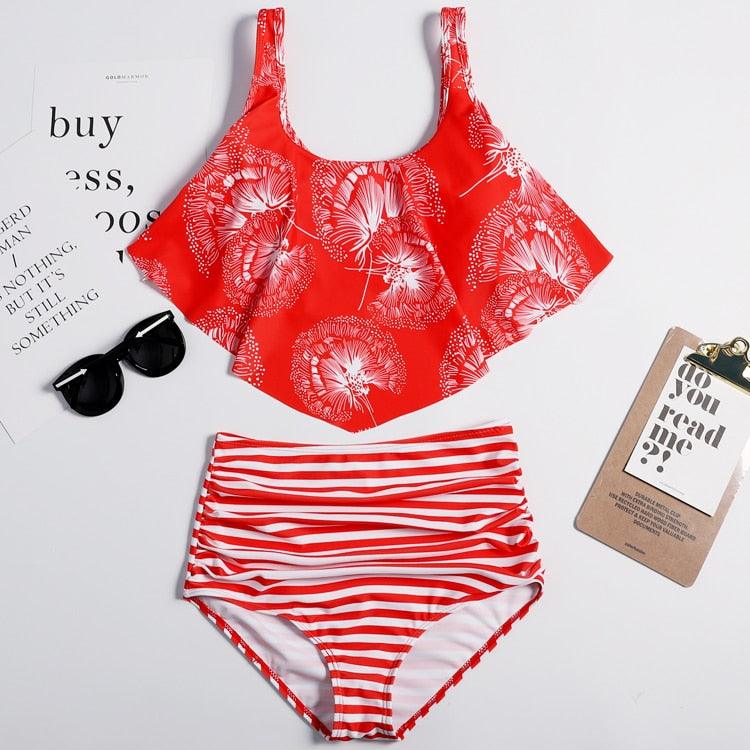 Conjunto de Bikini con Volantes de Cintura Alta para Tallas Grandes para Mujeres
