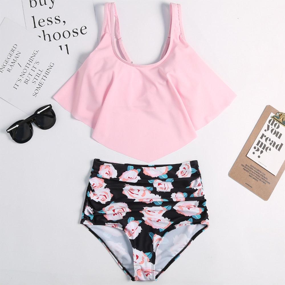 Conjunto de Bikini con Volantes de Cintura Alta para Tallas Grandes para Mujeres