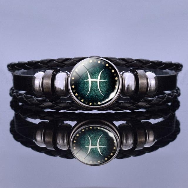 Bracelet en Cuir avec Charms des Signes du Zodiaque - Bangle Multicouche pour Hommes et Femmes