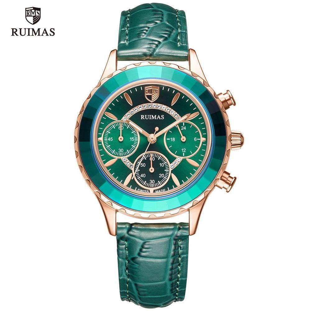 Luxury Green Business Women's Quartz Watch with Leather Strap