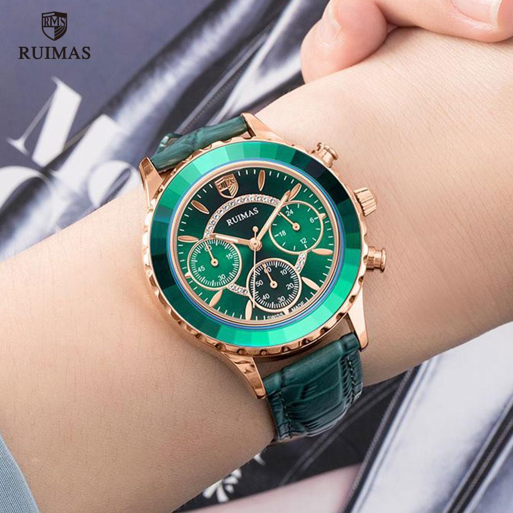 Luxury Green Business Women's Quartz Watch with Leather Strap
