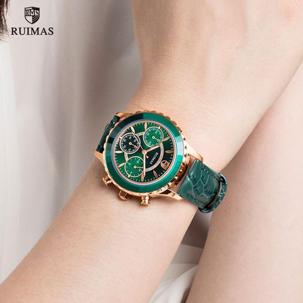 Luxury Green Business Women's Quartz Watch with Leather Strap