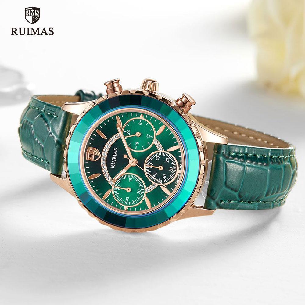 Luxury Green Business Women's Quartz Watch with Leather Strap
