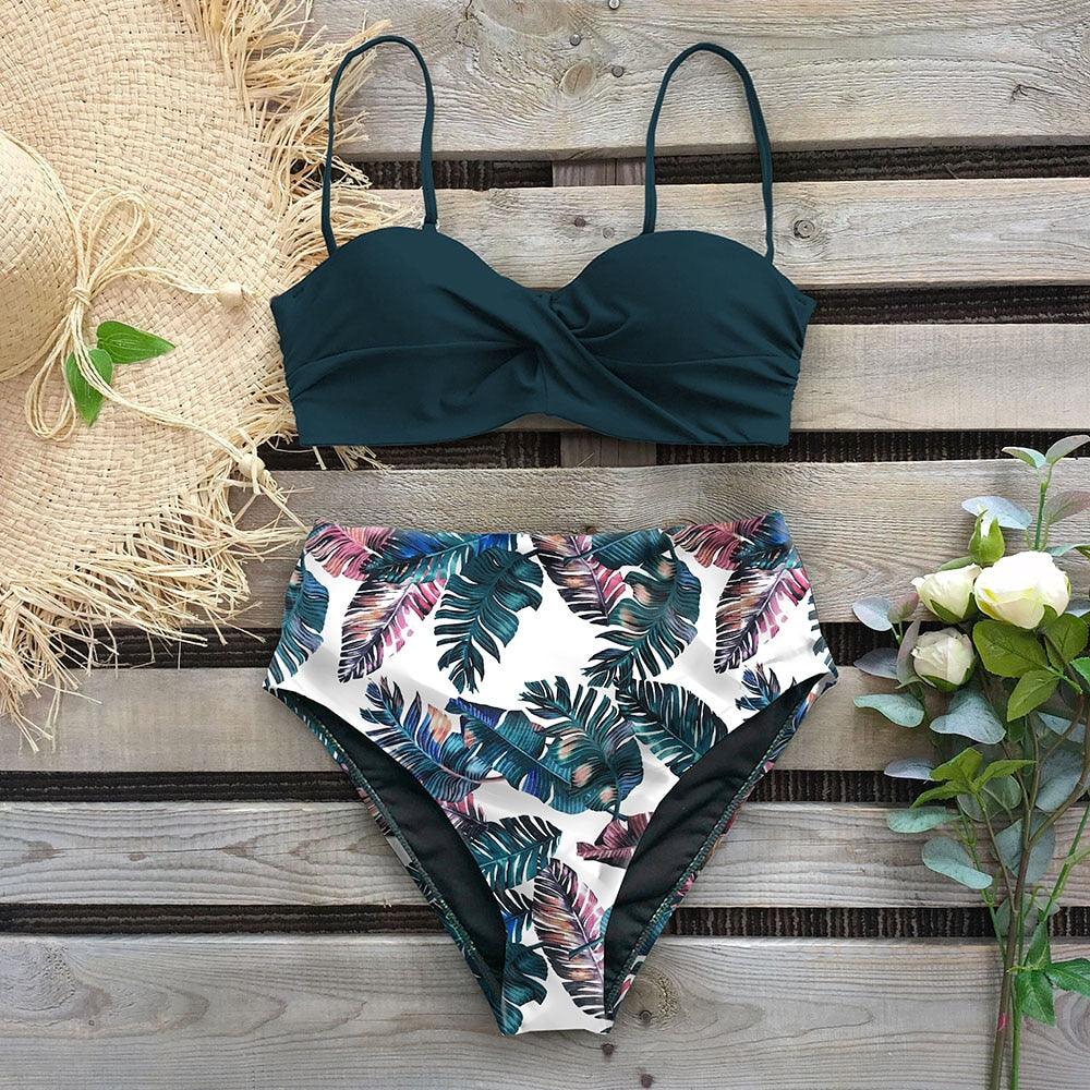Vintage High Waist Floral Bikini Set for Women - Tummy Control Halter Swimwear - Korvel