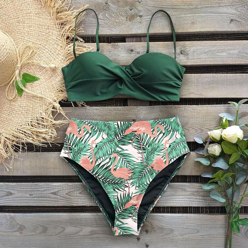 Vintage High Waist Floral Bikini Set for Women - Tummy Control Halter Swimwear - Korvel
