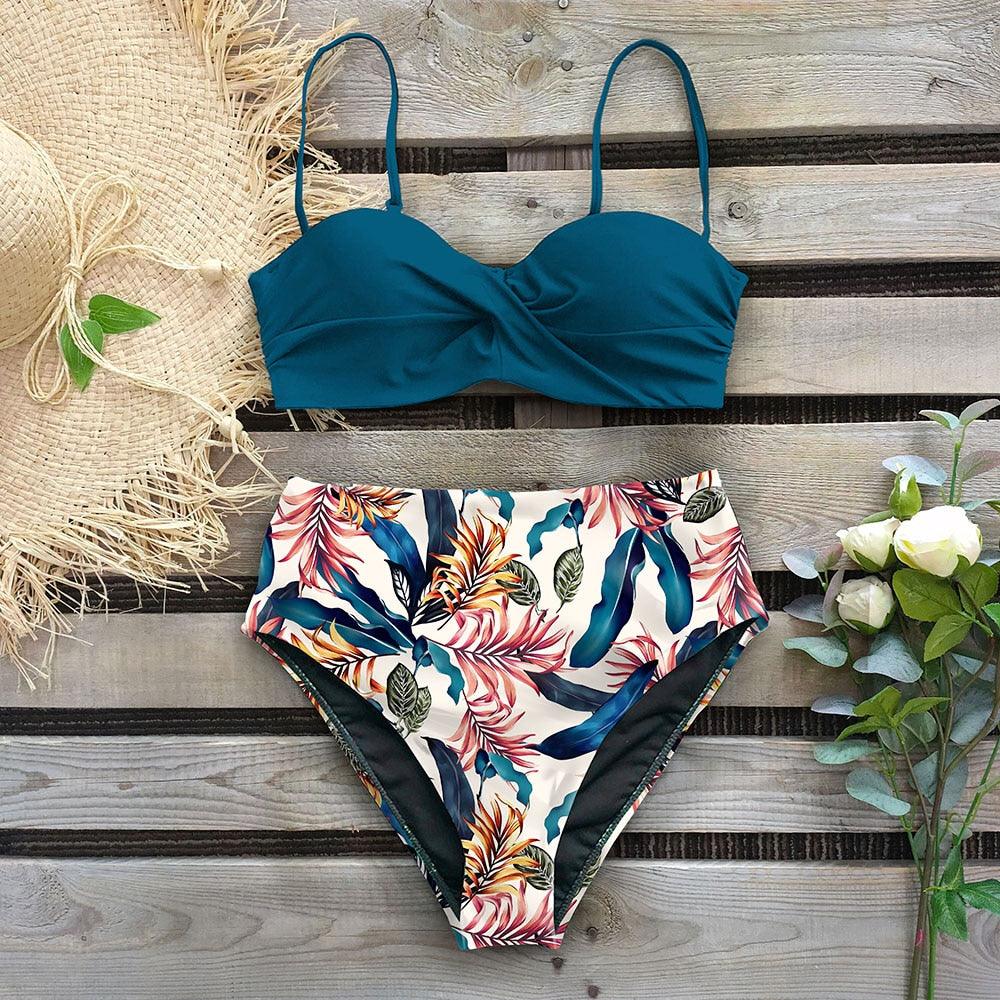 Vintage High Waist Floral Bikini Set for Women - Tummy Control Halter Swimwear - Korvel