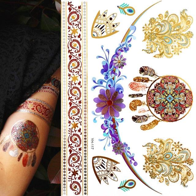 Tatouages temporaires pailletés or et argent - Imperméables et non toxiques
