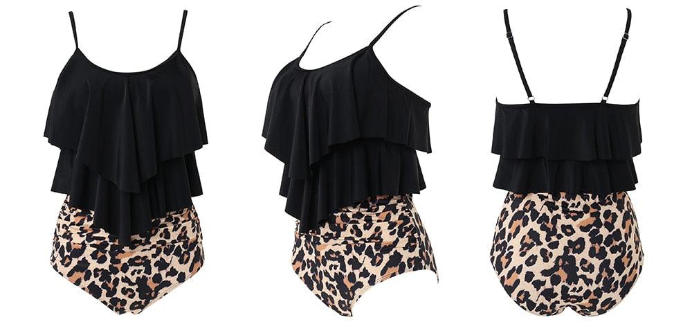 Ensemble de bikini à taille haute à volants Allure Léopard pour femmes