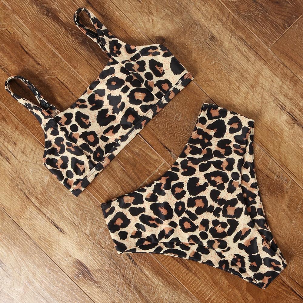 Ensemble de bikini à taille haute imprimé léopard pour femmes