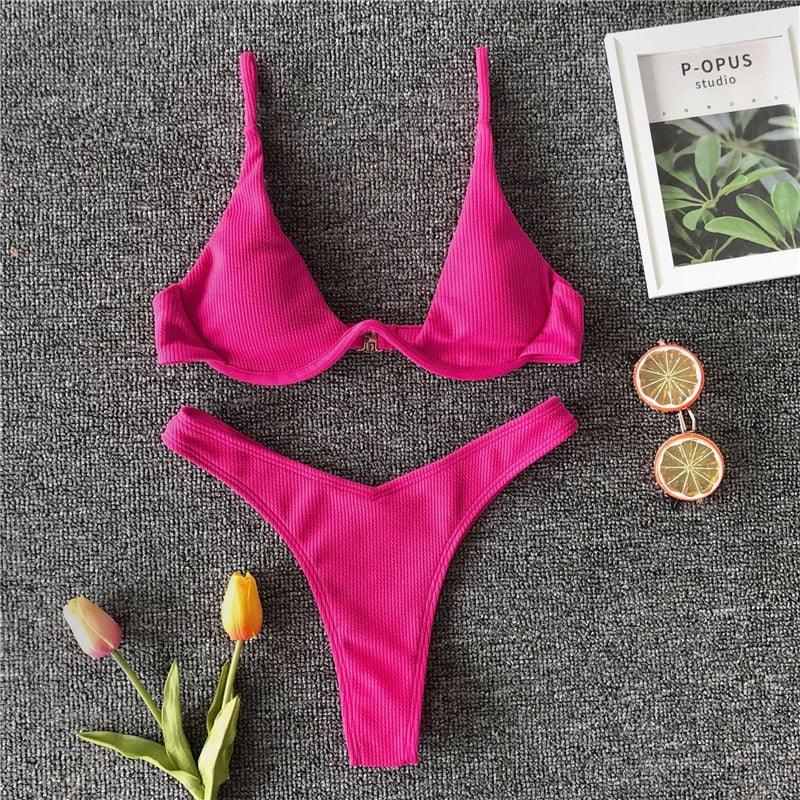 Ensemble de bikini sous-vêtement V-bar néon pour femmes