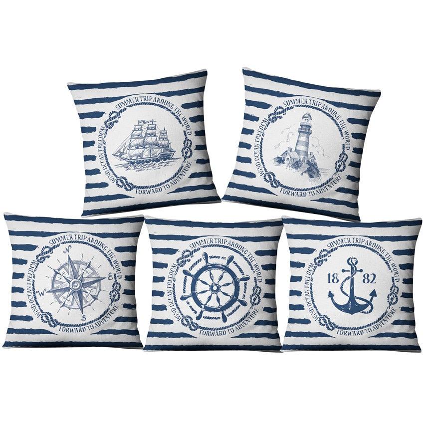 Nautical Shell Starfish Linen Pillow Cover - Navy Blue